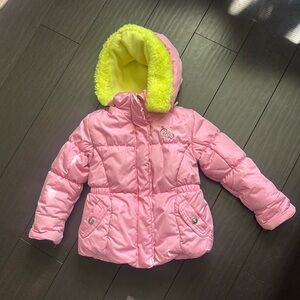 Zero Xposur pink & yellow floral embroidered puffer winter jacket size 24M GUC